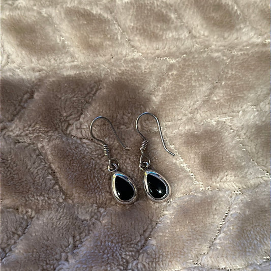 Vtg Onyx & 925 Sterling Silver Drop Earrings