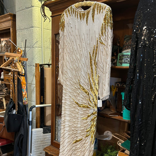 Vtg Handmade White & Gold Silk Flapper Dress