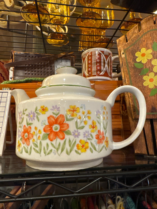 Vtg 1970s Floral Teapot