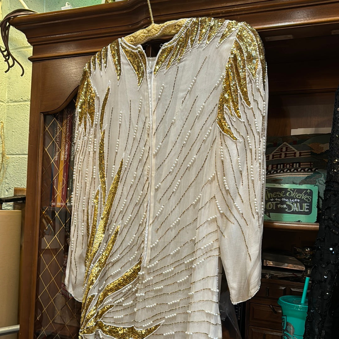 Vtg Handmade White & Gold Silk Flapper Dress