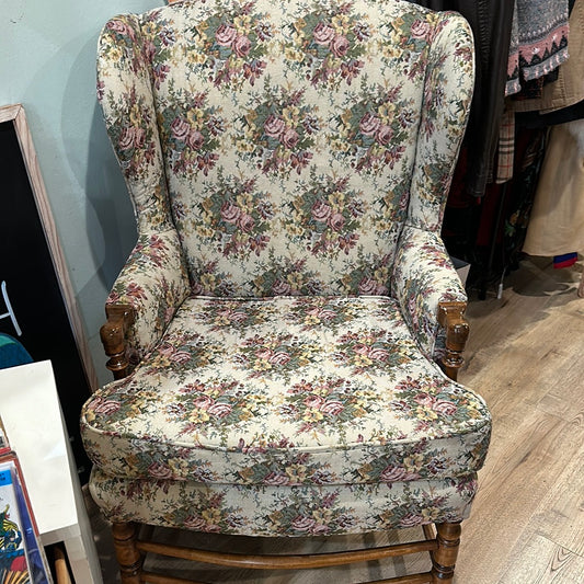 Vtg Floral Embroidered Wingback Armchair