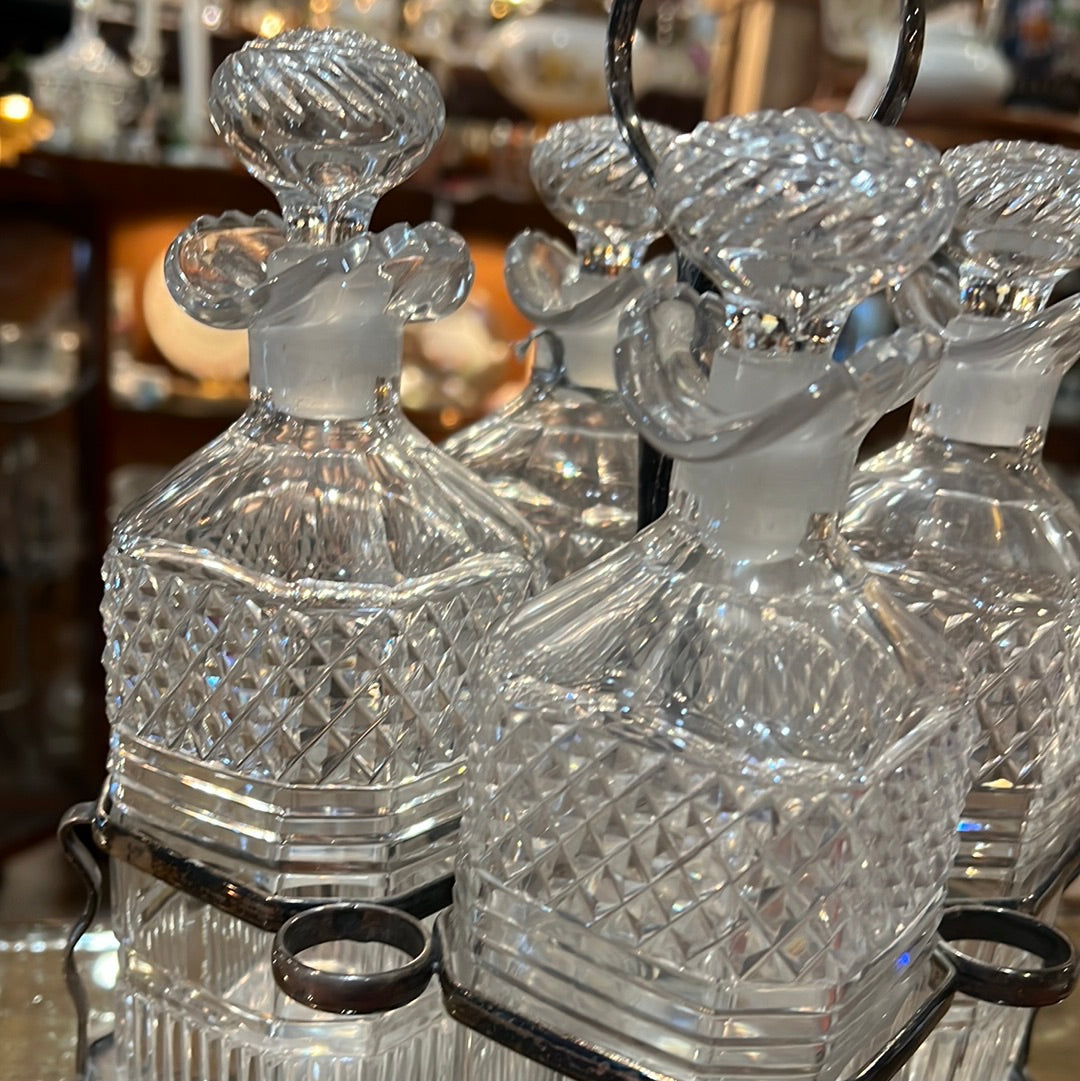 Antique French Set of Crystal Decanters with Silver Carrier