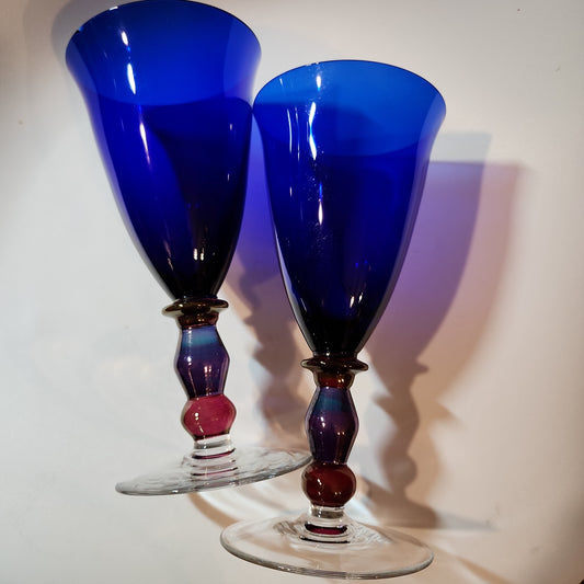 2 Vntg Art Glass Wine Glasses