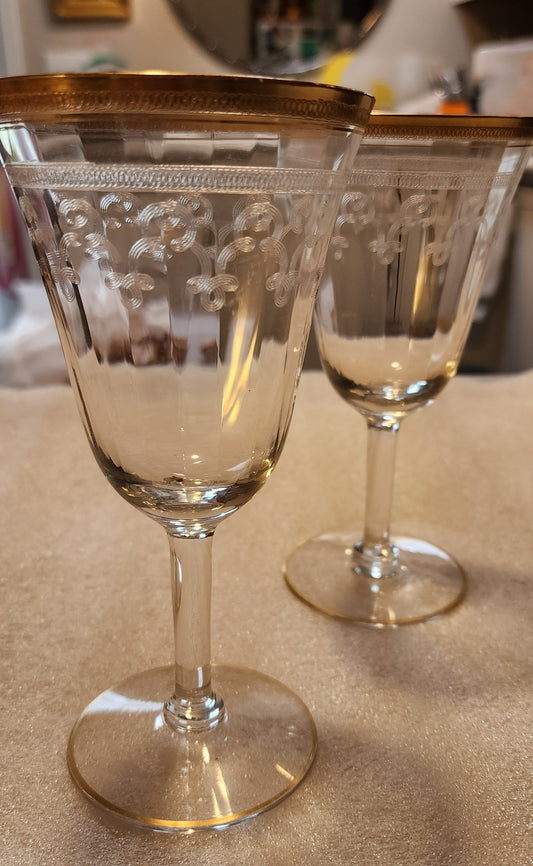 2 Tiffin Gold Rim/Etched Wine Glasses