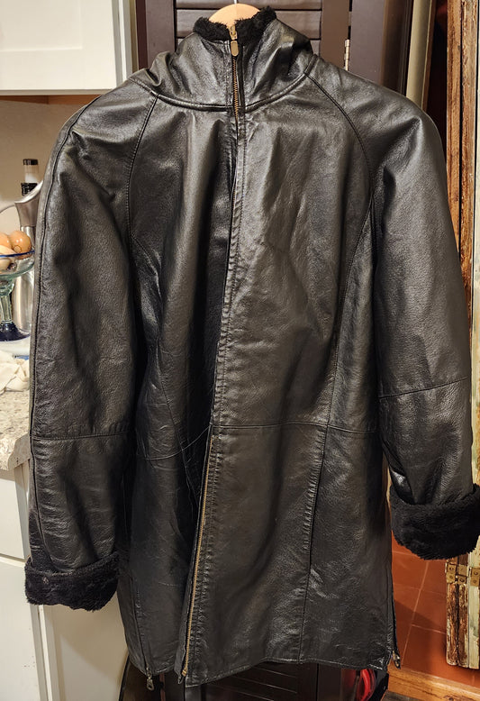 Vntg Leather Lined Hooded Coat