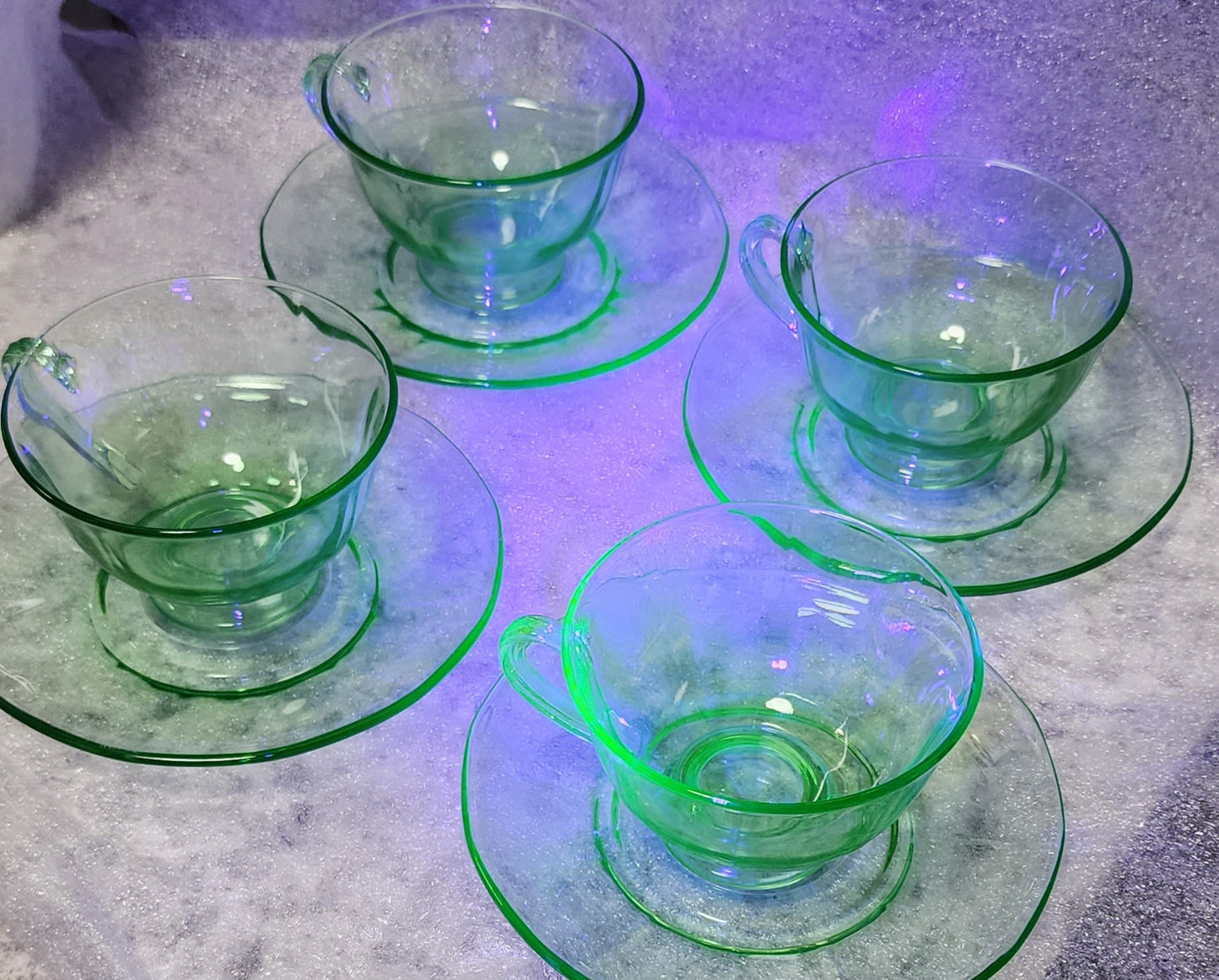 4 Cup/Saucers Uranium Glass