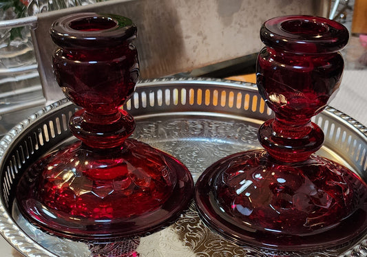 VNTG Pair Ruby Red Candle Holders