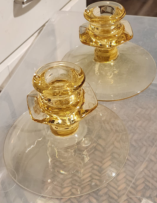 Vntg Fostoria Trogan Amber Glass Candle Holders