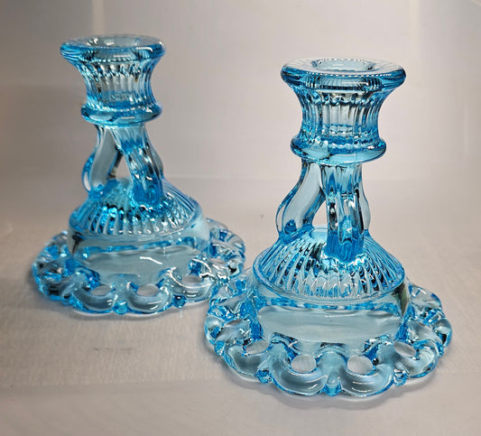 X-2 Vntg Westmoreland Doric Lace Blue  Candle Holders  Laced Edge Blue