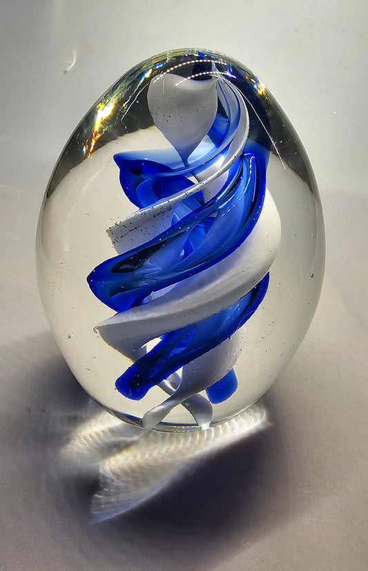 Blue White Swirl Art Glass Paper Weight