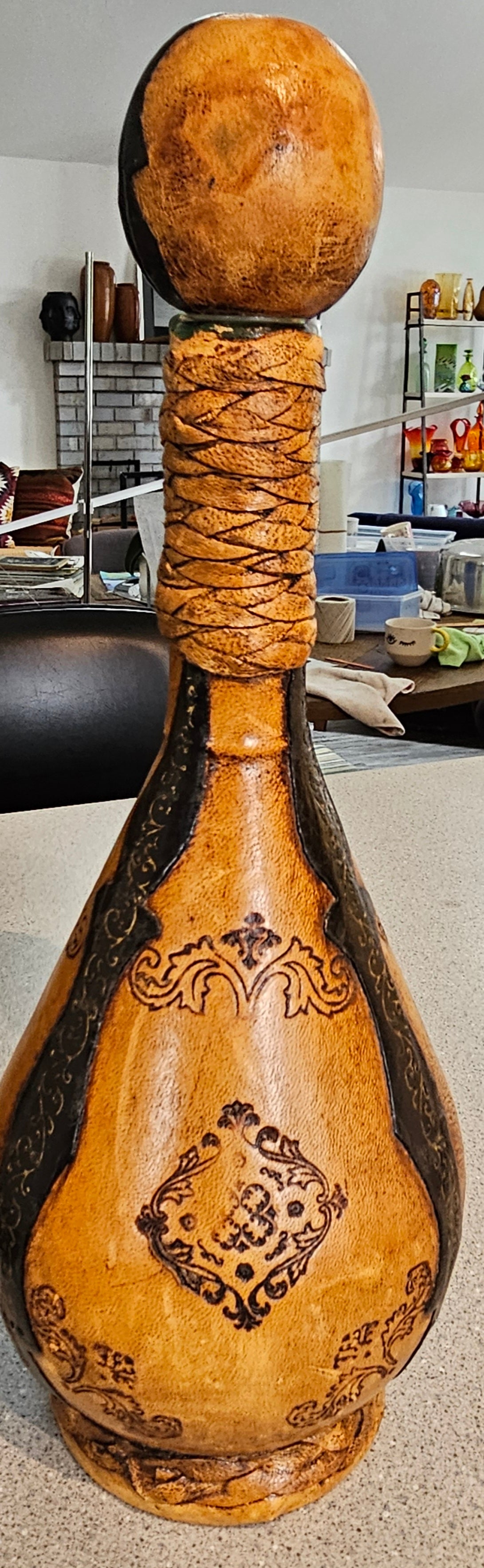 Vntg Italy leather Tooled Decanter