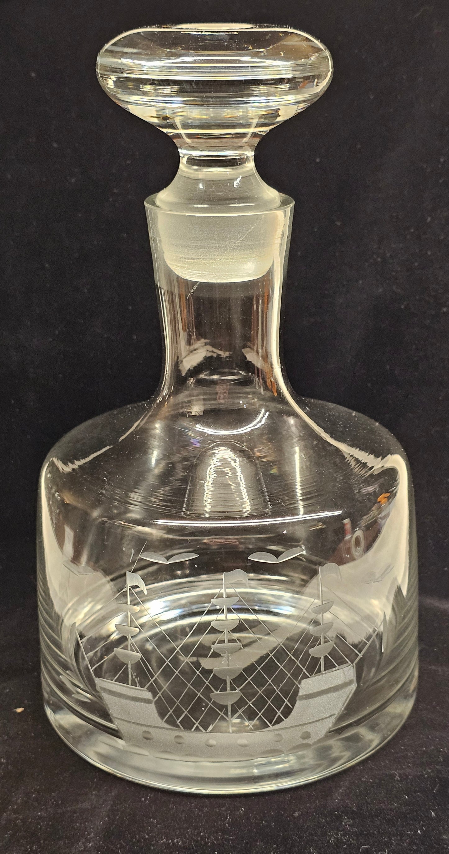 Studio Glass Decanter Romania  Hand Etched w/ Clipper Ship