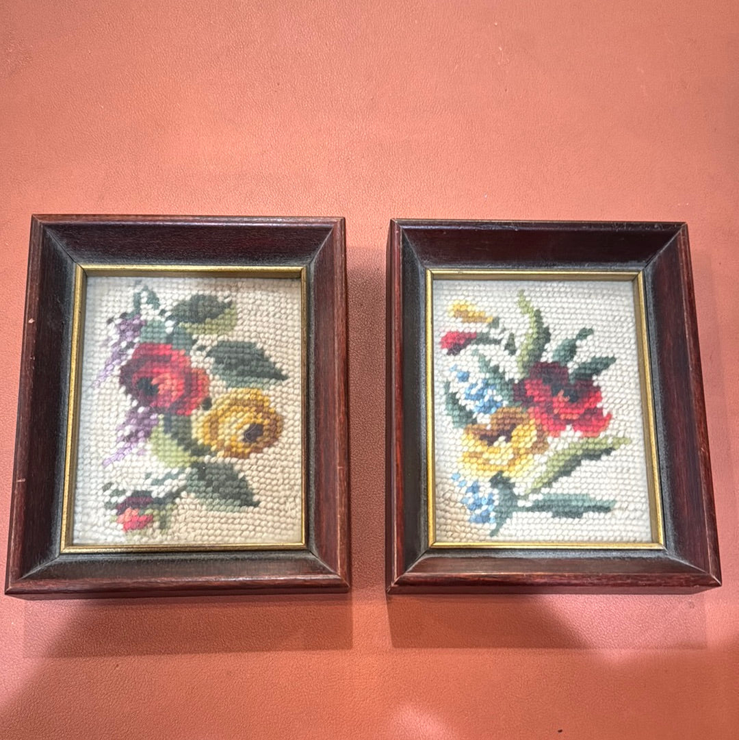 Vtg Framed Floral Needlepoint Set of 2