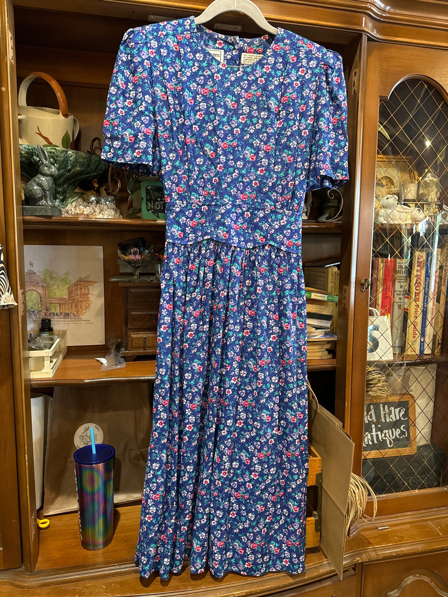 Vtg 1980s Karin Stevens Blue Floral Dress