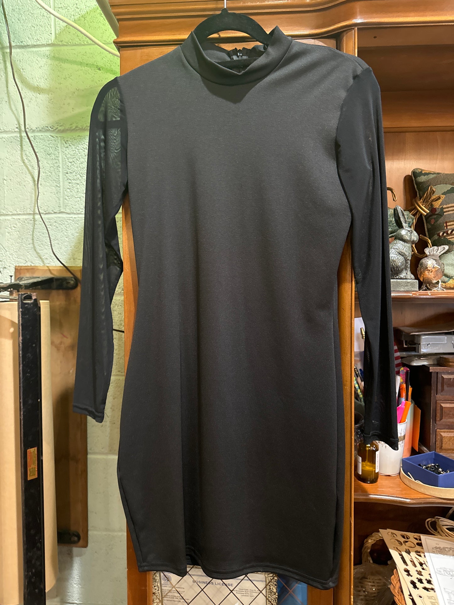 Black Cocktail Dress w/ Sheer Sleeves