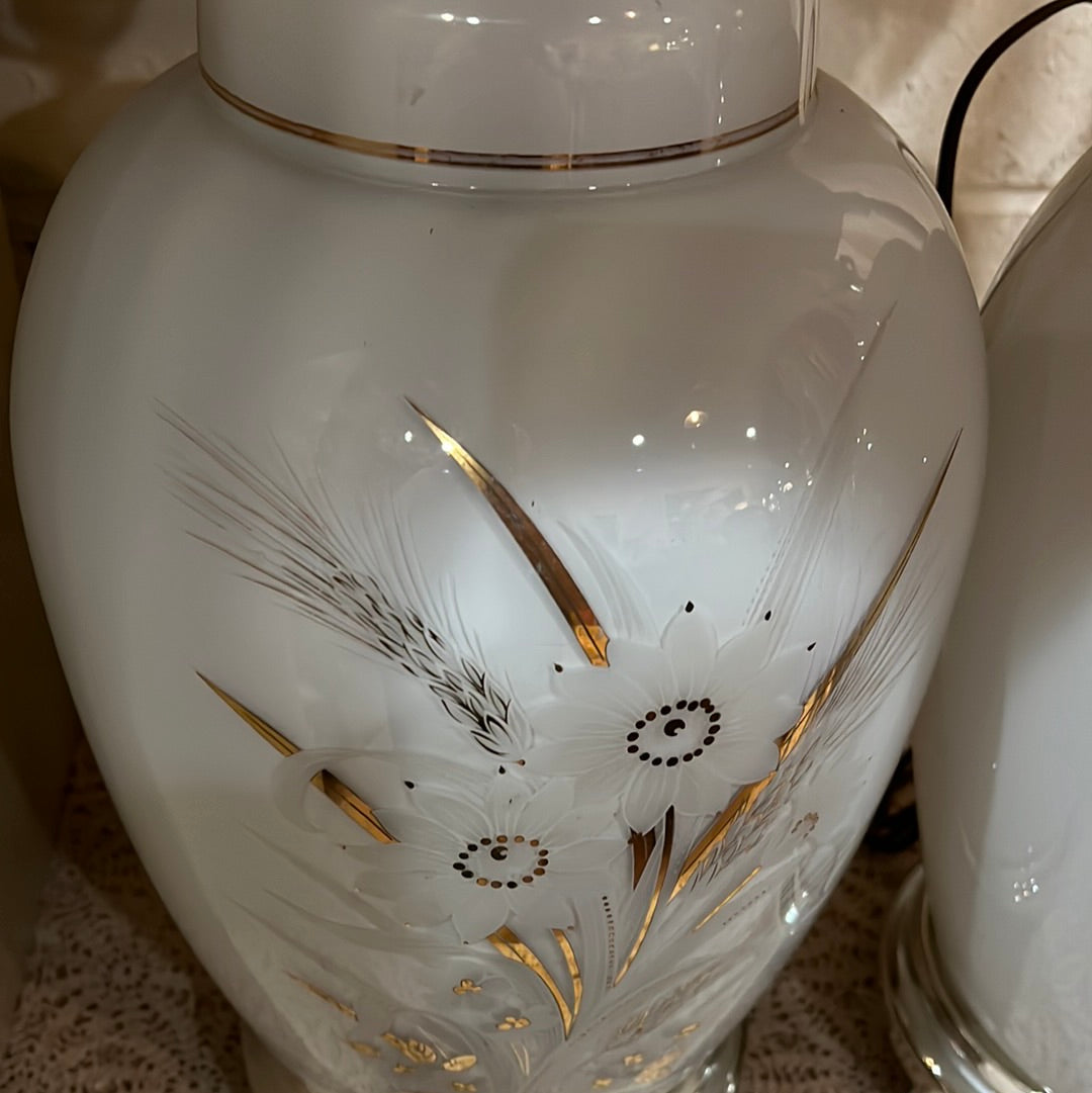 MCM Hurricane Glass White Floral Lamps