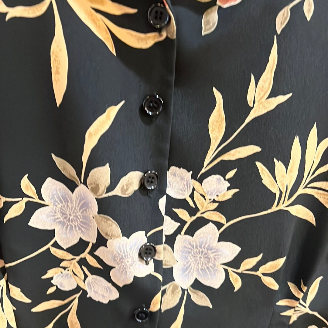 Vtg Black Floral Button Down Linen Shirt