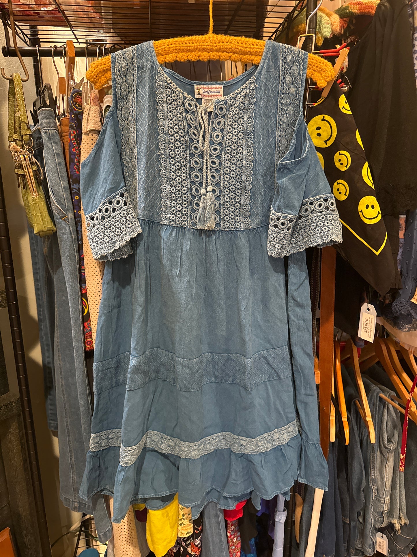 Vtg Just Cruising Off-Shoulder Jean Dress