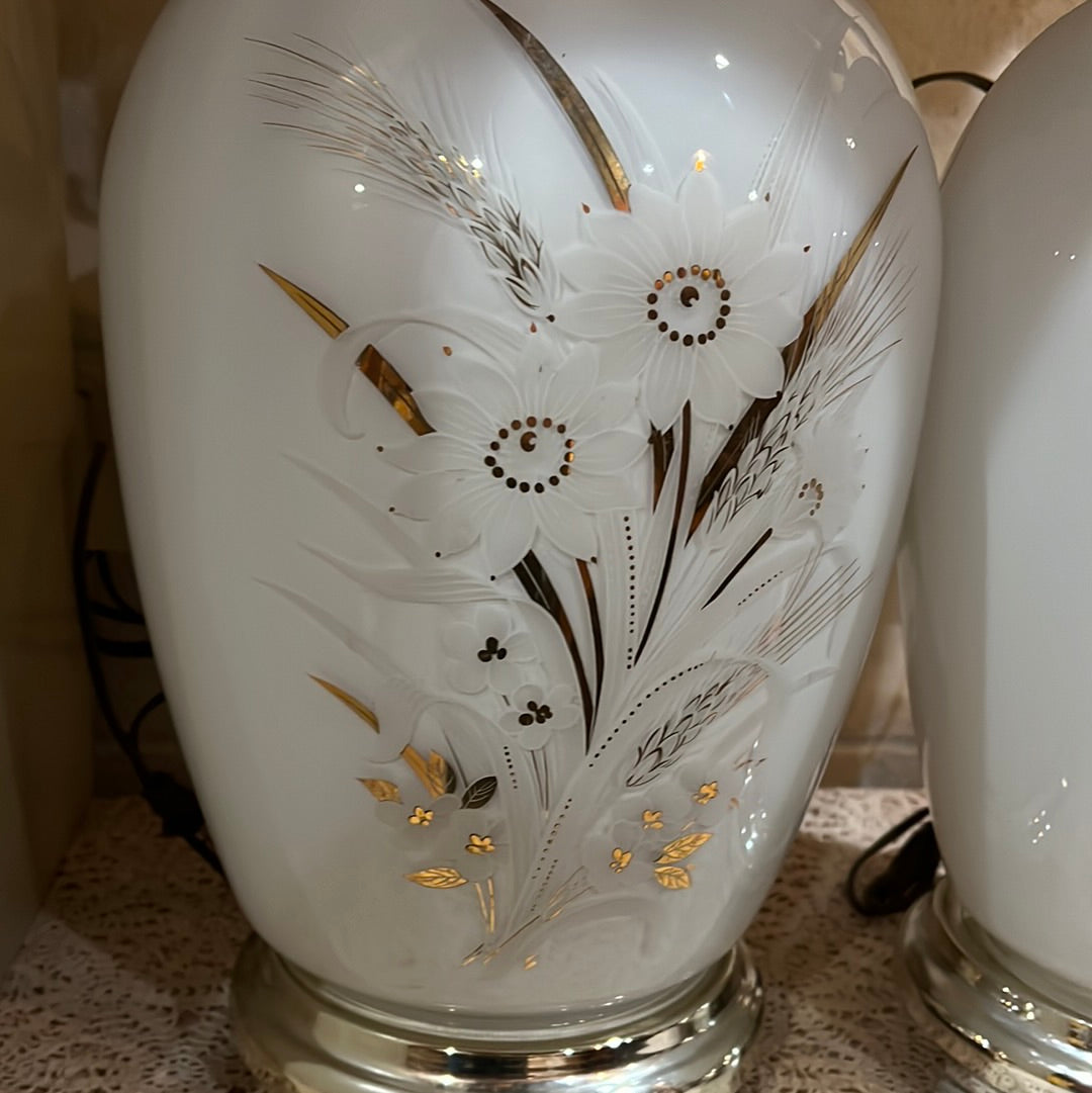 MCM Hurricane Glass White Floral Lamps