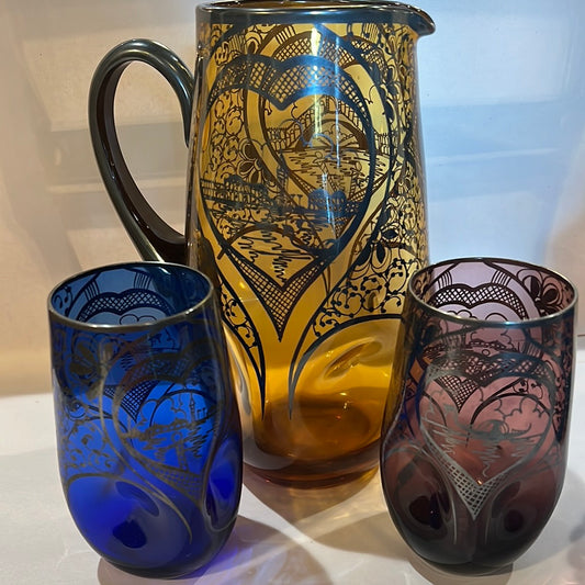 Vtg Multi-Colored Pitcher and Pair of glasses