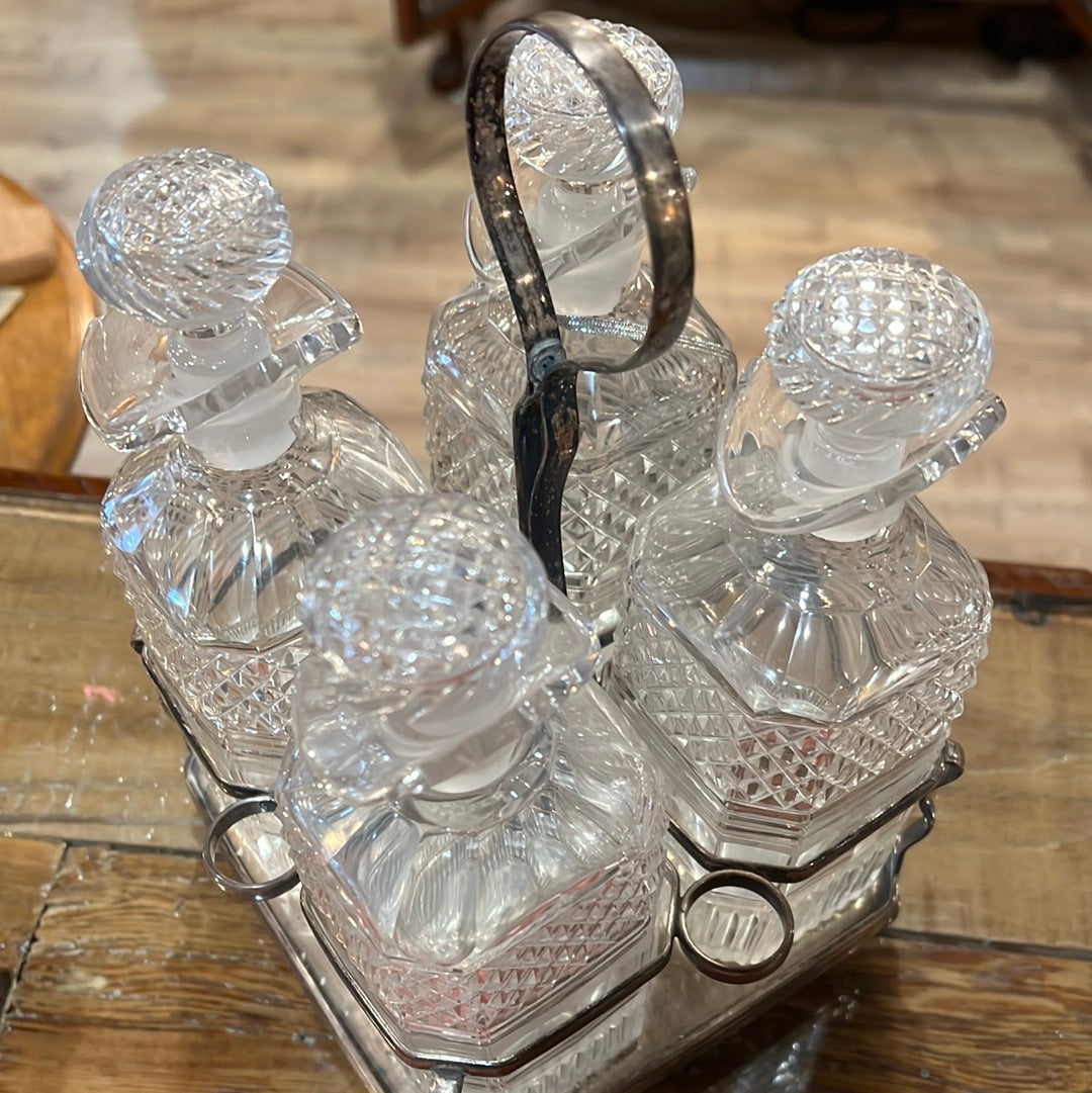 Antique French Set of Crystal Decanters with Silver Carrier