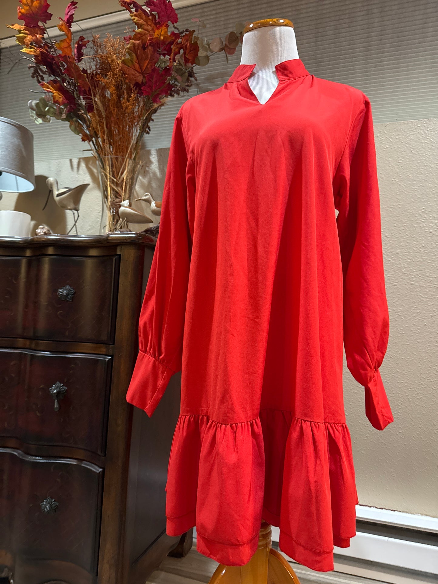 Collared Bright Red Ruffle Dress