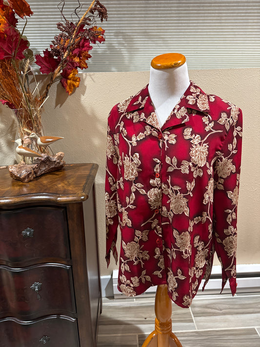 Vtg 80s Red Floral Button Up