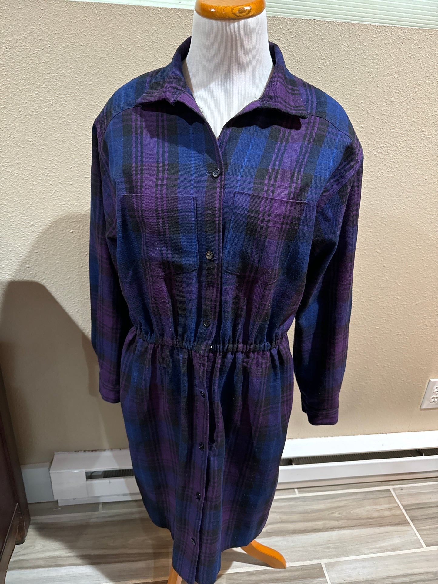 Vtg 1980s Handmade Plaid Button Up Dress