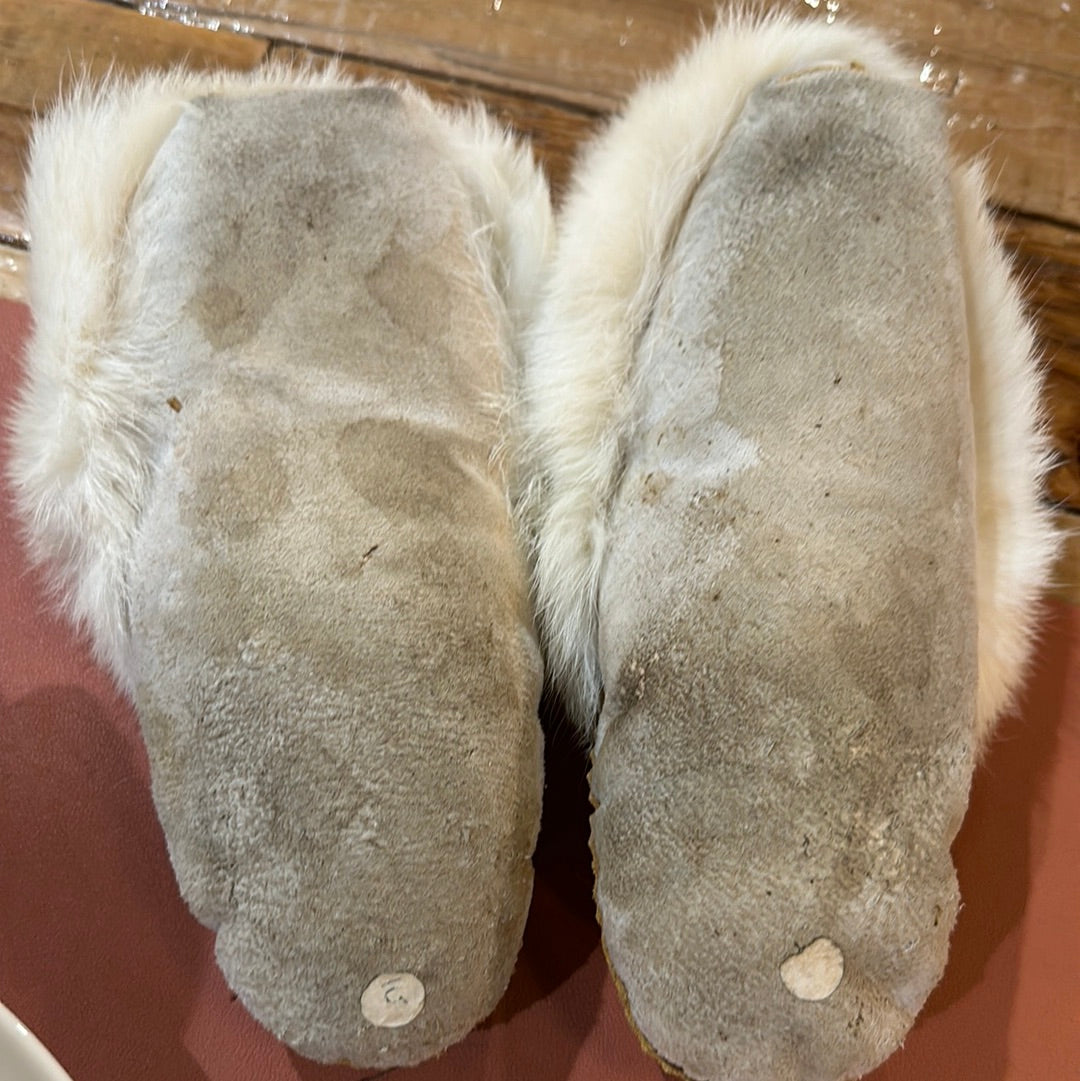 Antique Handmade Beaded Rabbit Fur Slippers