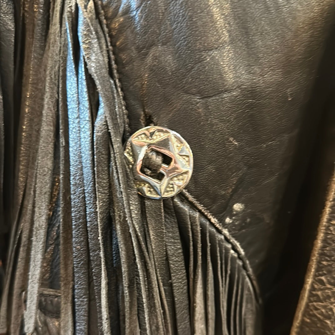 Vintage Etches Leder Fringe Black Leather Jacket
