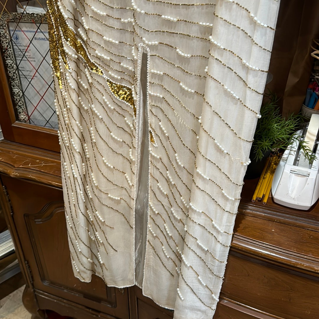 Vtg Handmade White & Gold Silk Flapper Dress