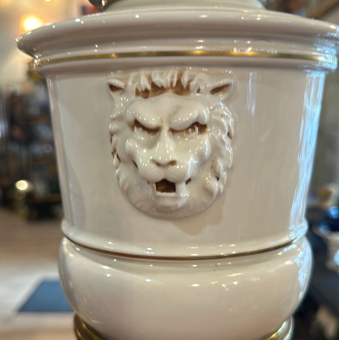 Hollywood Regency Stiffel Brass & Porcelain Lions Head Table Lamp