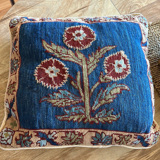 Antique Needlepoint Floral and Velvet Pillow