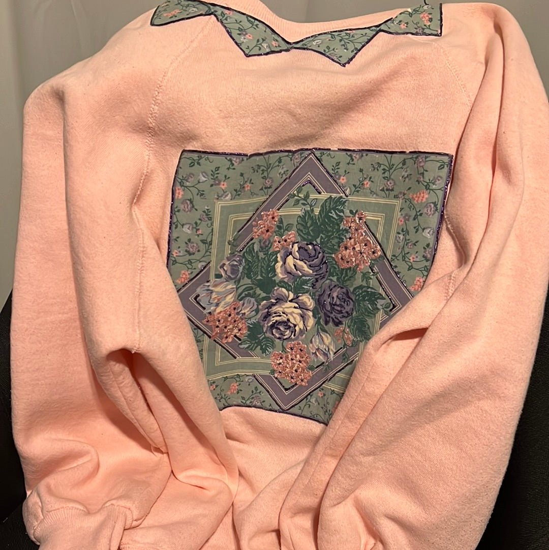 Vtg Personalized Pink Rose Open Sweater
