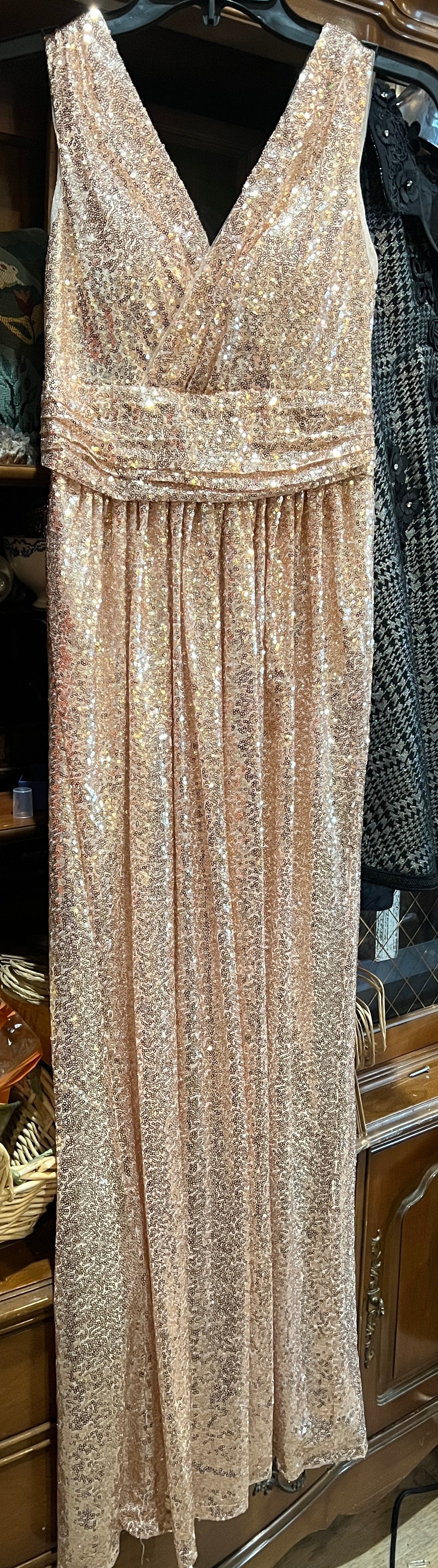 Kate Kasin Peach Sequin Sleeveless Evening Dress