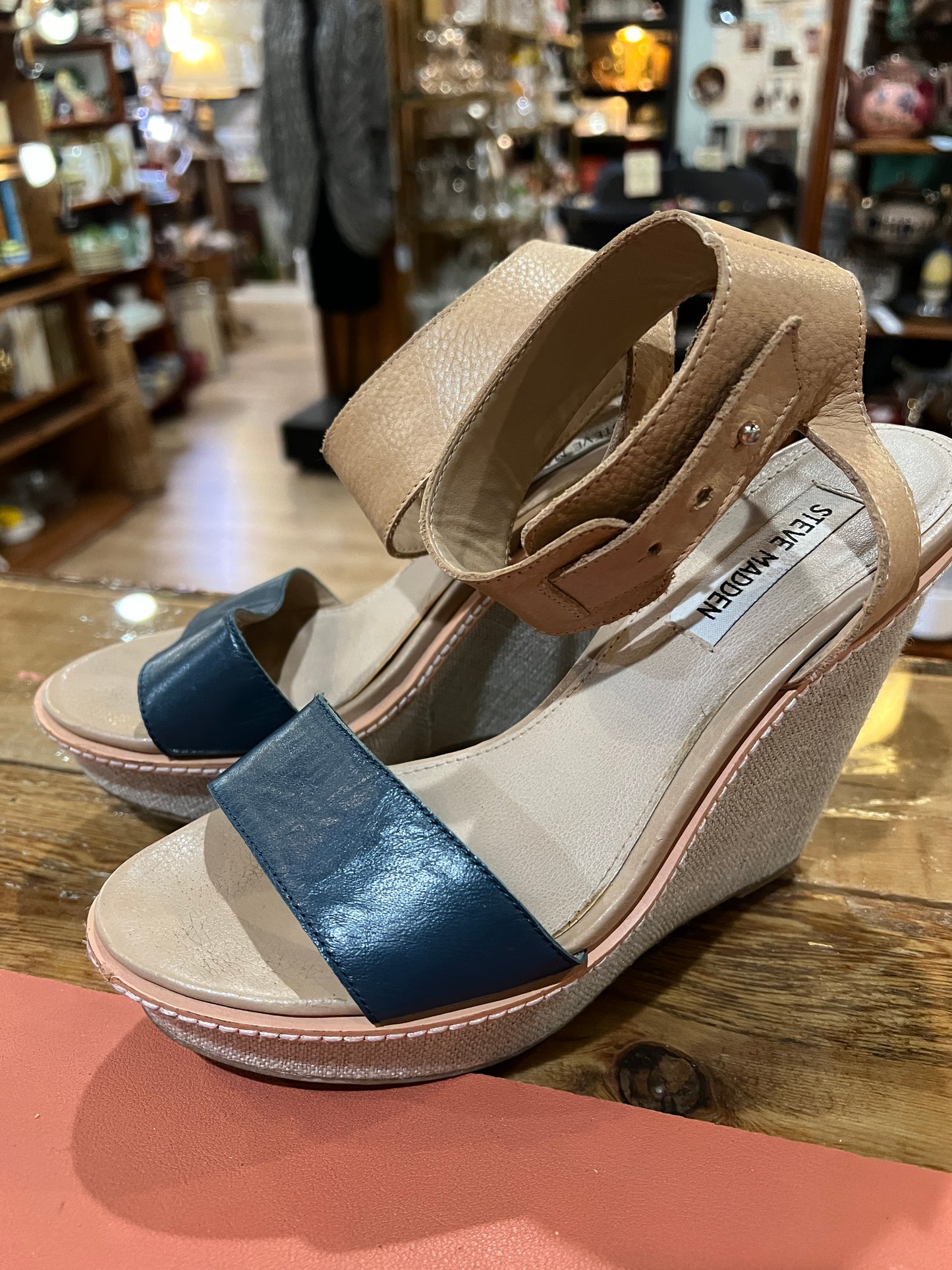 Steve Madden Wedges with Navy Toe & Beige Ankle Strap(7.5)