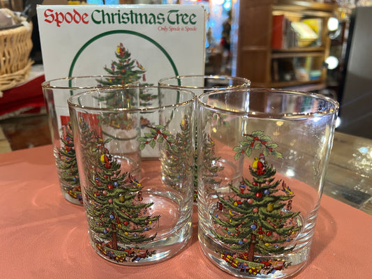 Vtg Set Spode Christmas Tree Double Old Fashioned Glasses (4)