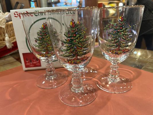 Vtg Set Spode Christmas Tree Pedestal Goblets (4)