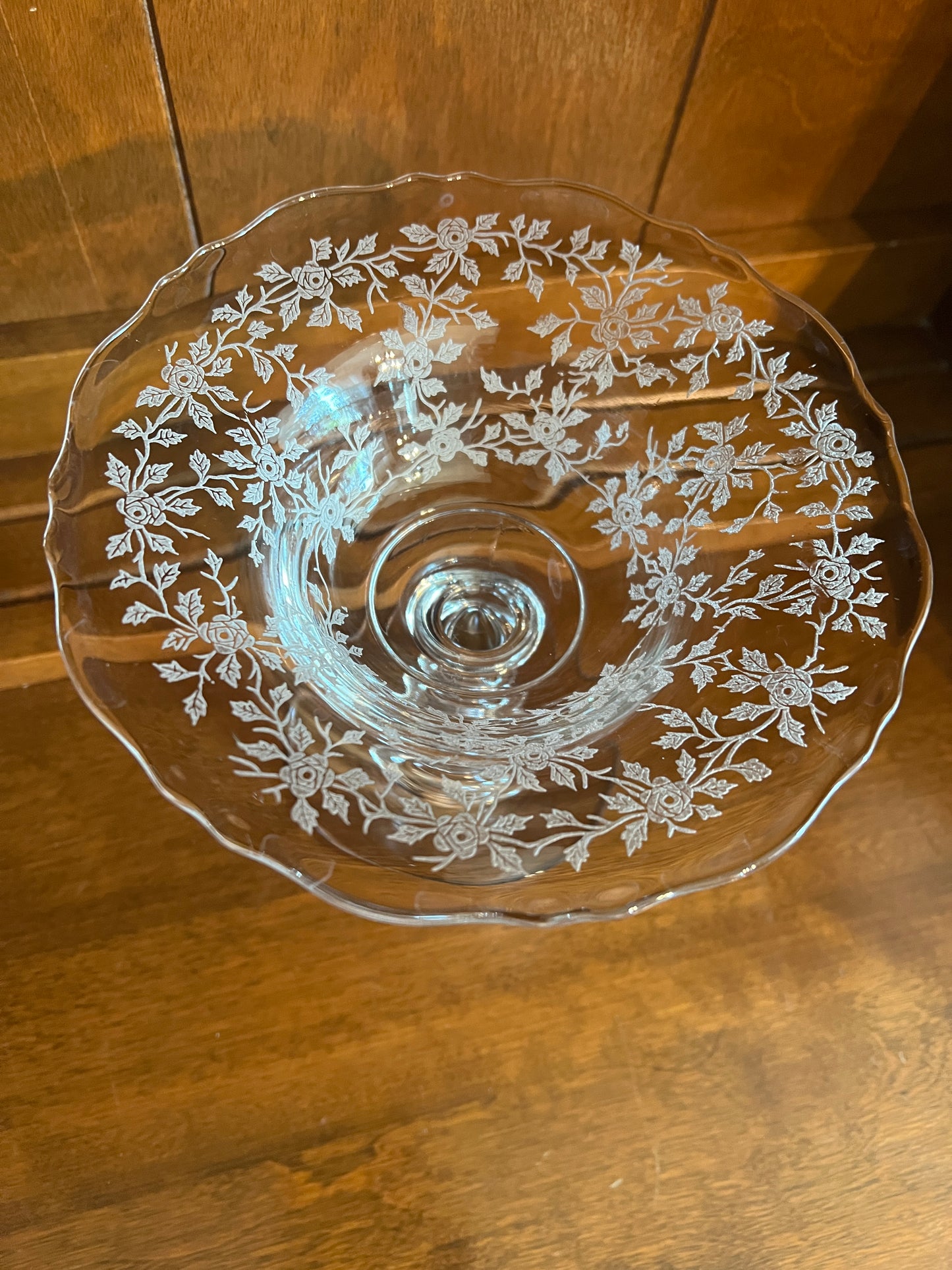 Vtg Rose Vines Etched Glass Pedestal Bowl
