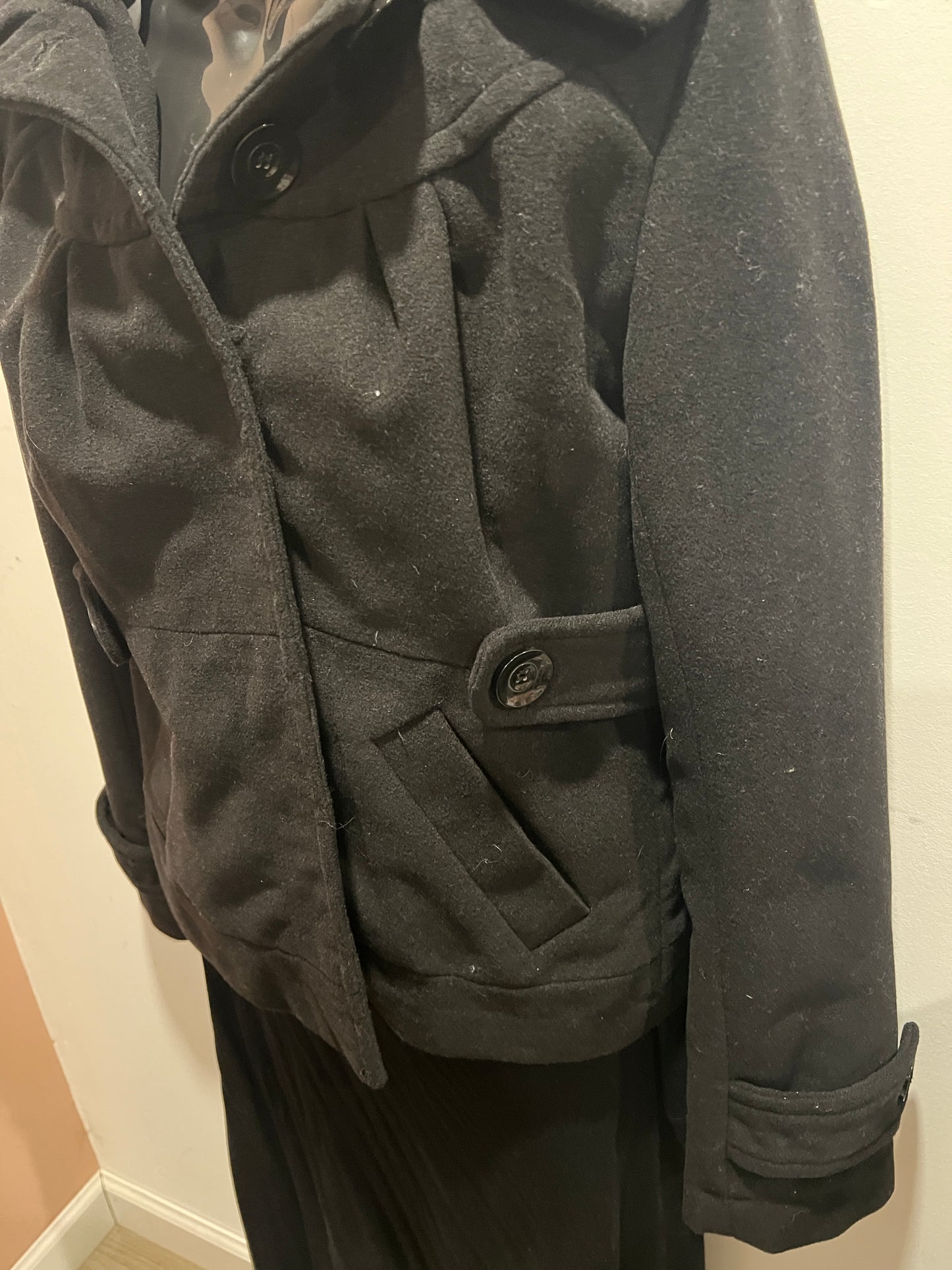 Tulle Black Button Down Hooded Peacoat(M)