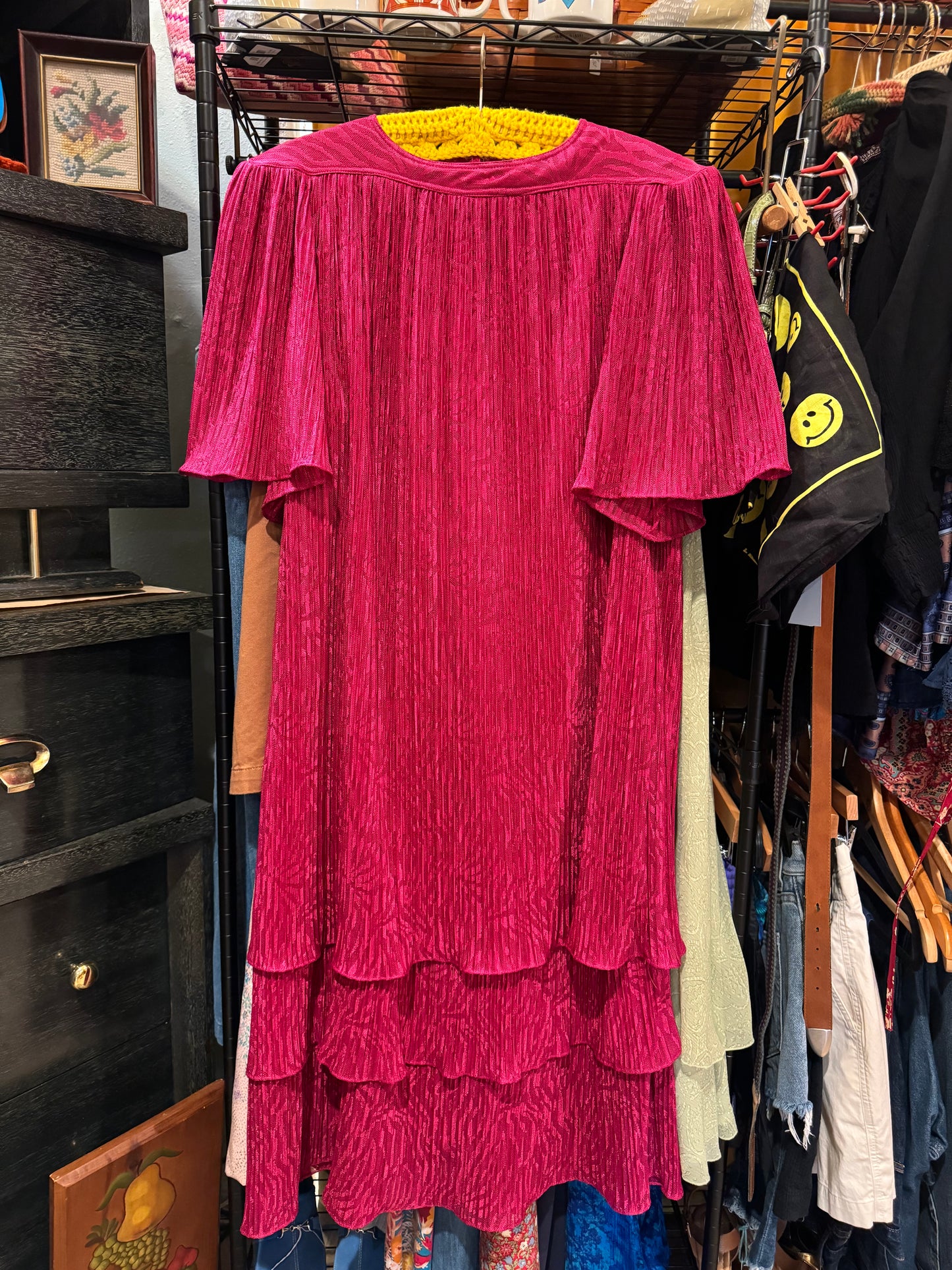 Vtg 1980s Magenta Tiered Dress