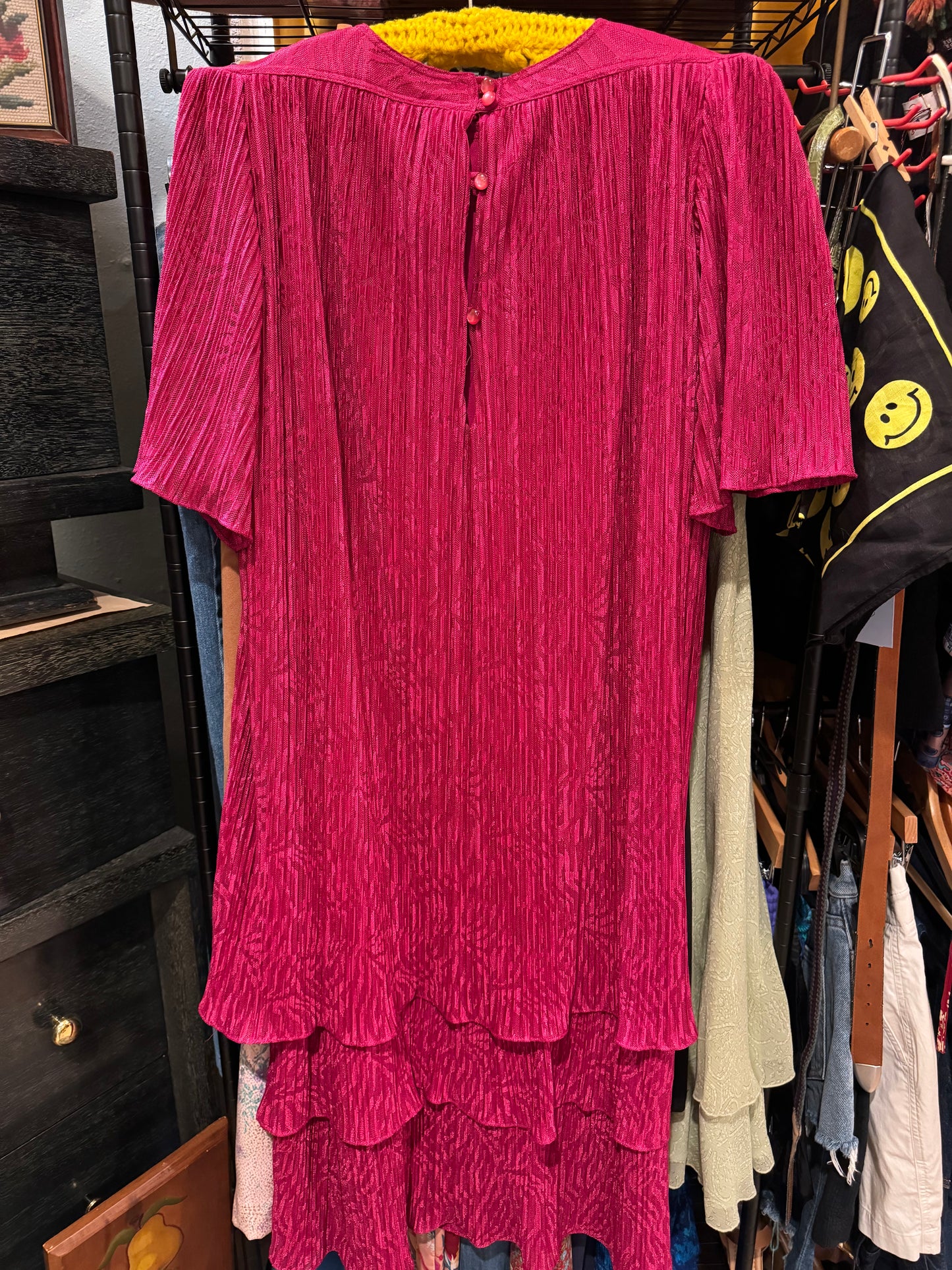 Vtg 1980s Magenta Tiered Dress