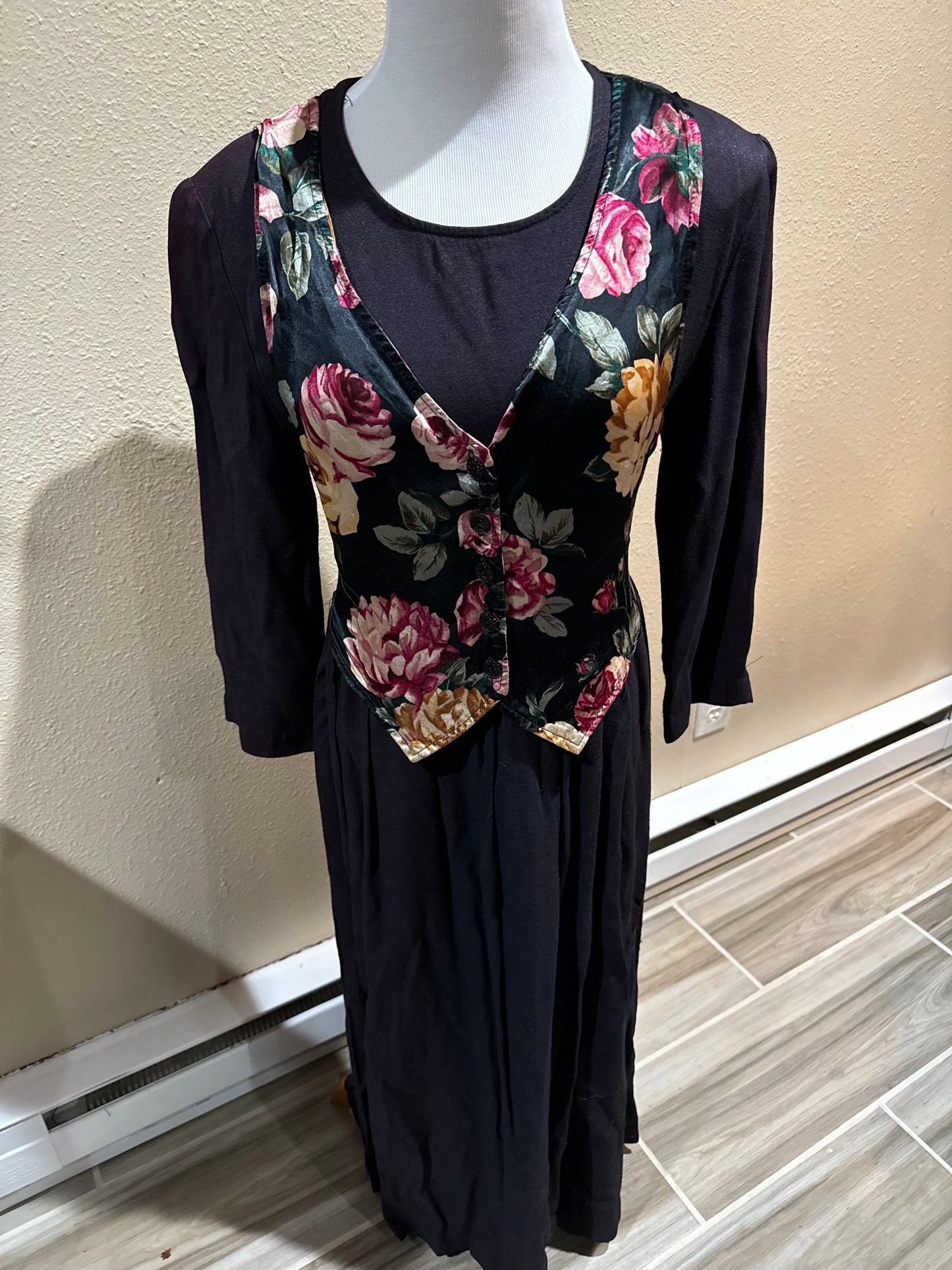 Vtg 70s Black Floral Vested Maxi Dress