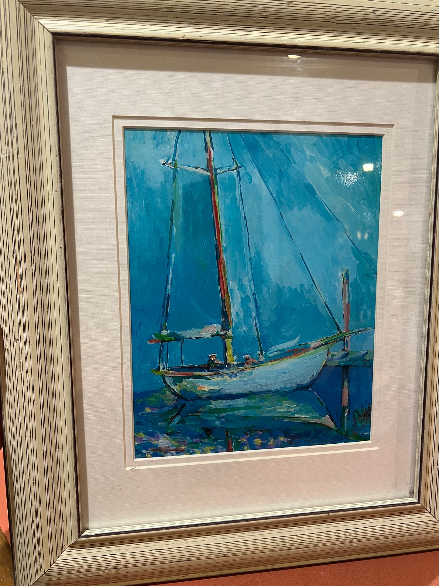 Framed Blue Sailboat Lithograph