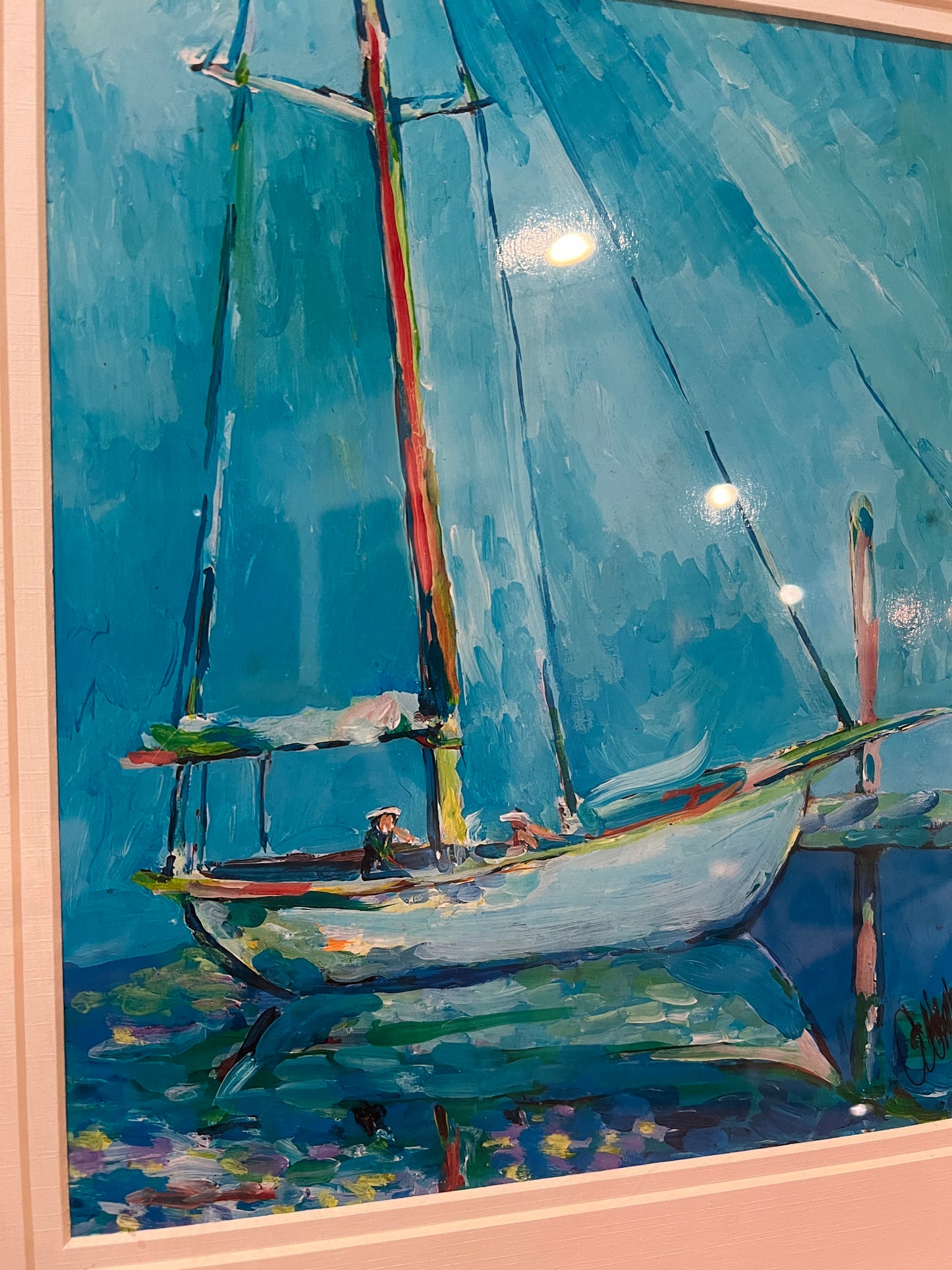 Framed Blue Sailboat Lithograph