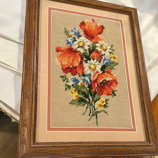 Vintage floral cross-stitch framed