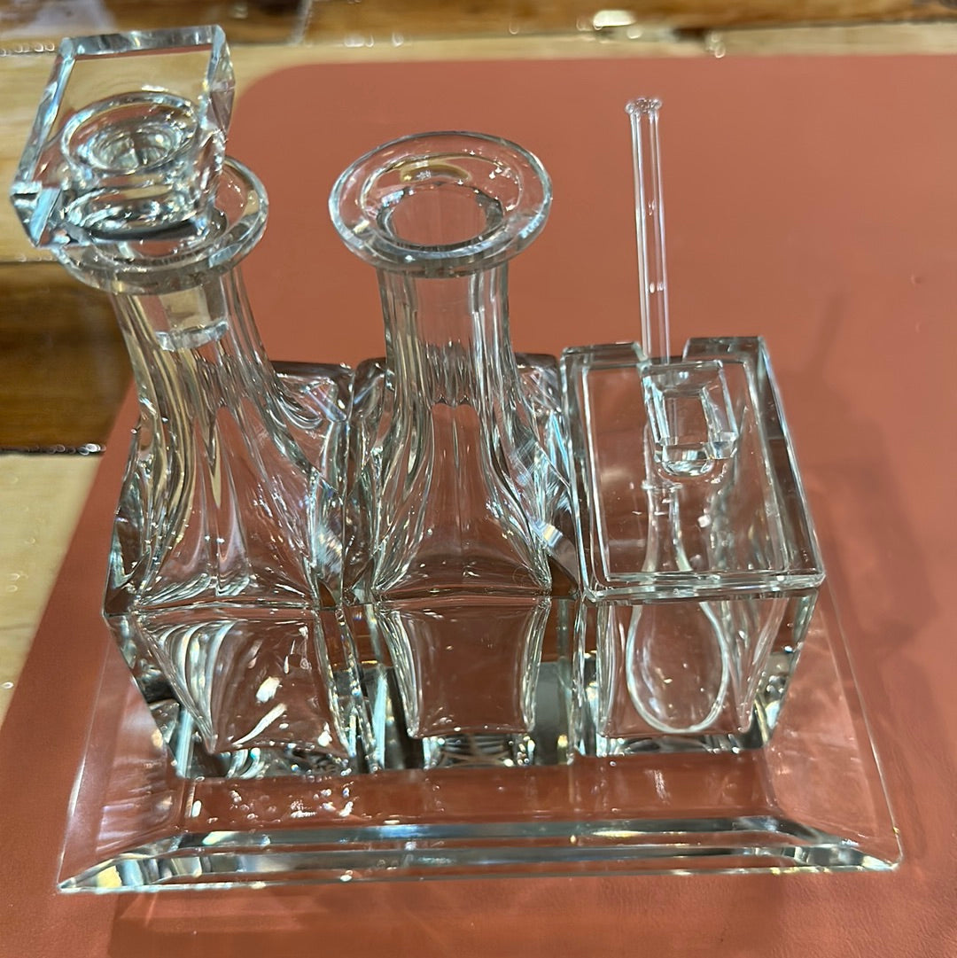 Art Deco Cut Crystal Oil & Vin. Cruet, Salt Cellar