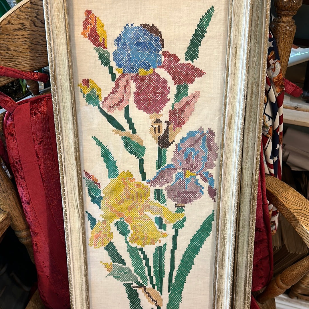Vintage Framed Embroidered Floral Artwork