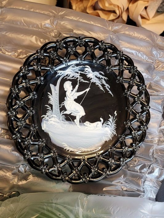 Westmoreland "Mary Gregory" black milk glass lattice plate