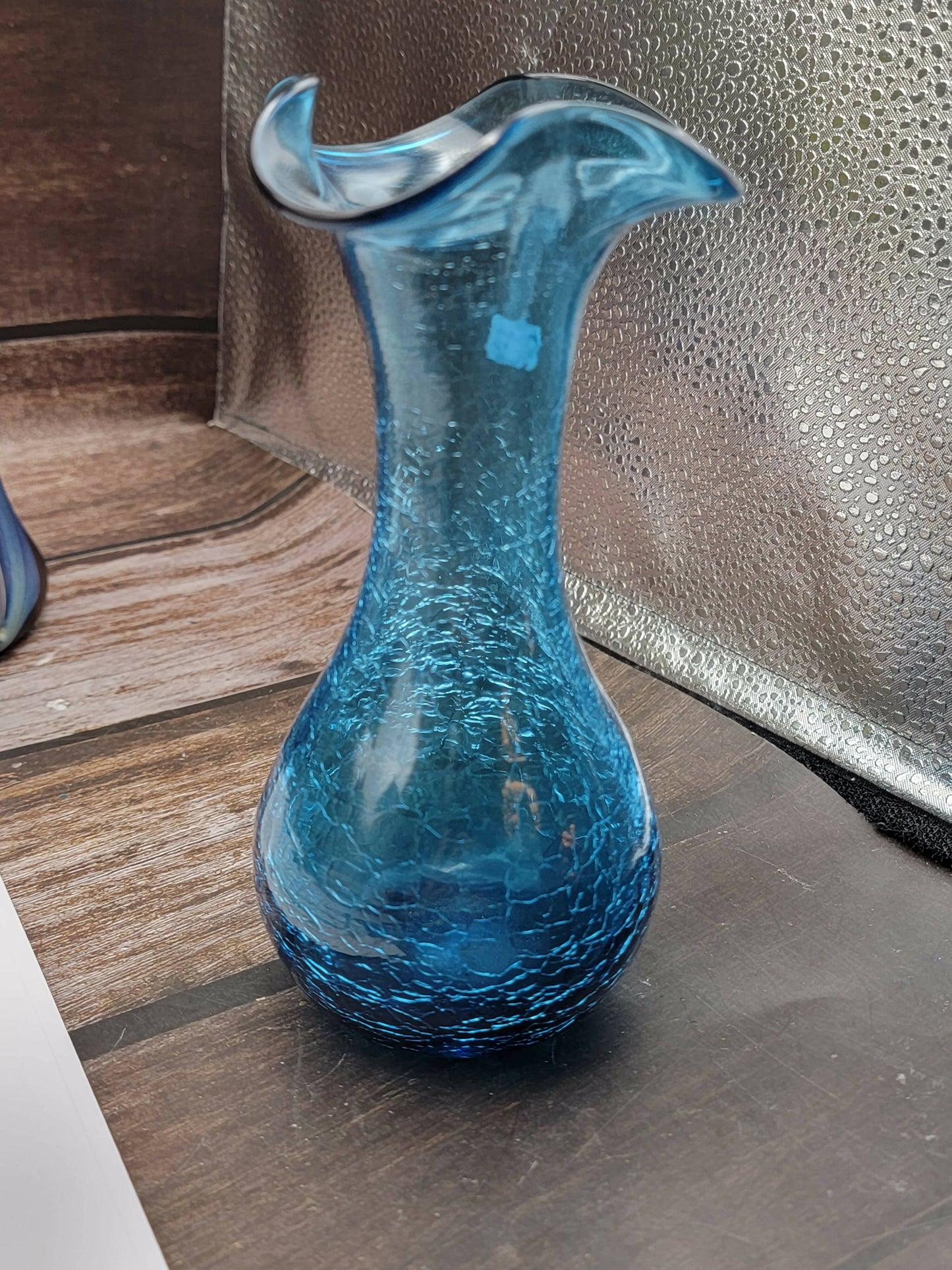 Turquoise ruffle crackle glass vase